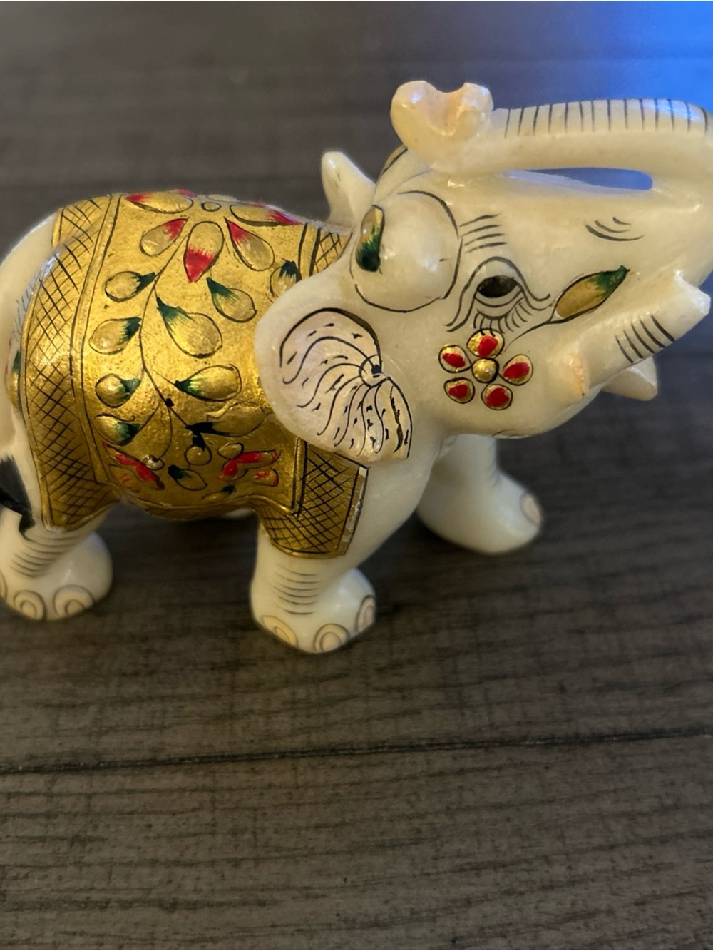 Hand-painted and Gilt Marble Elephant Figurine From India. 3” Tall